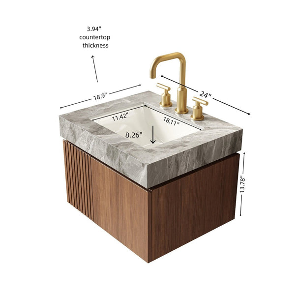 English Elm Muri Floating Bathroom Vanity Plywood Cabinet Oak Woodgrain Sintered Stone Top W2615S00671
