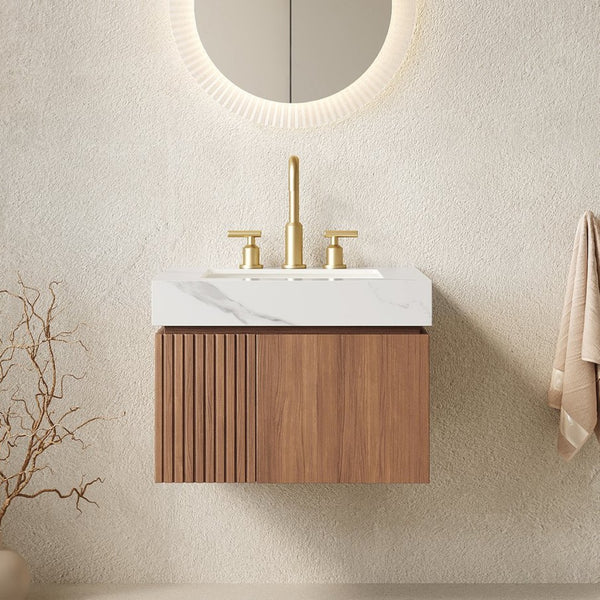 English Elm Muri Wall Mounted Bathroom Vanity Plywood Cabinet with Carrara Stone Top Oak Doors W2615S00673