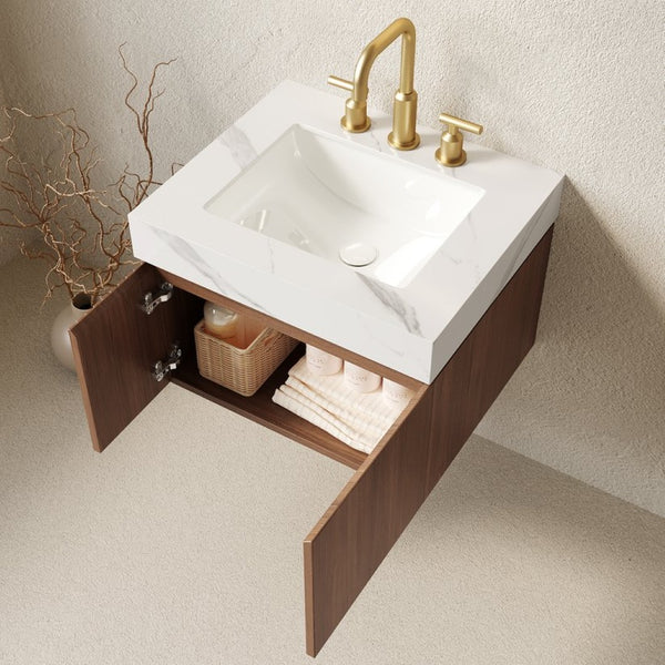 English Elm Muri Wall Mounted Bathroom Vanity Plywood Cabinet with Carrara Stone Top Oak Doors W2615S00673