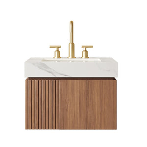 English Elm Muri Wall Mounted Bathroom Vanity Plywood Cabinet with Carrara Stone Top Oak Doors W2615S00673