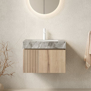 English Elm Muri Floating Bathroom Vanity White Oak Plywood Cabinet with Sintered Stone Top W2615S00674
