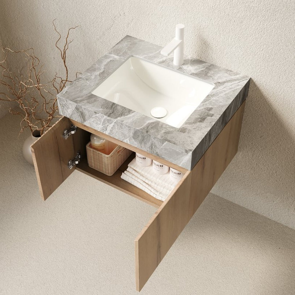 English Elm Muri Floating Bathroom Vanity White Oak Plywood Cabinet with Sintered Stone Top W2615S00674