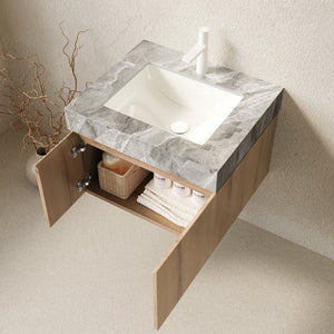 English Elm Muri Floating Bathroom Vanity White Oak Plywood Cabinet with Sintered Stone Top W2615S00674