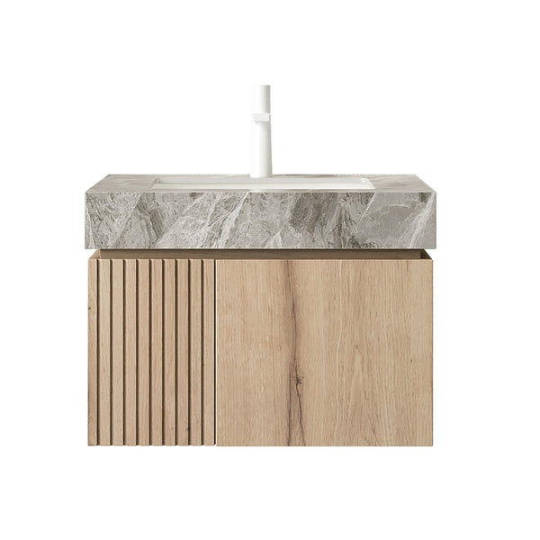 English Elm Muri Floating Bathroom Vanity White Oak Plywood Cabinet with Sintered Stone Top W2615S00674