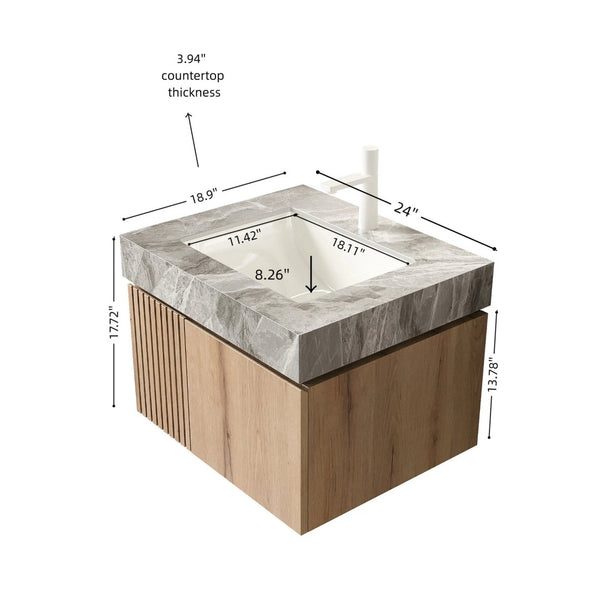 English Elm Muri Floating Bathroom Vanity White Oak Plywood Cabinet with Sintered Stone Top W2615S00674