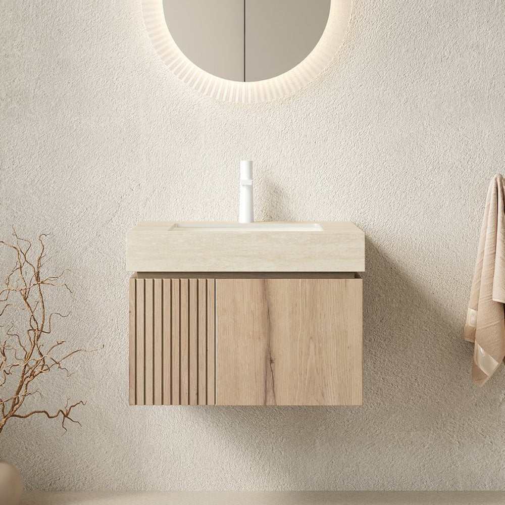 English Elm Muri Floating Bathroom Vanity Plywood Cabinet with Travertine Stone Top White Oak Grain W2615S00675