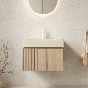 English Elm Muri Floating Bathroom Vanity Plywood Cabinet with Travertine Stone Top White Oak Grain W2615S00675