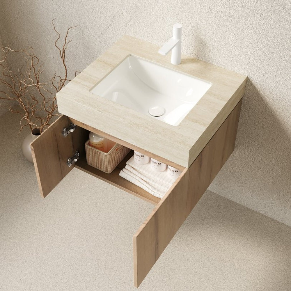 English Elm Muri Floating Bathroom Vanity Plywood Cabinet with Travertine Stone Top White Oak Grain W2615S00675