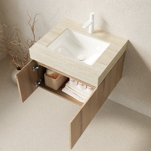 English Elm Muri Floating Bathroom Vanity Plywood Cabinet with Travertine Stone Top White Oak Grain W2615S00675