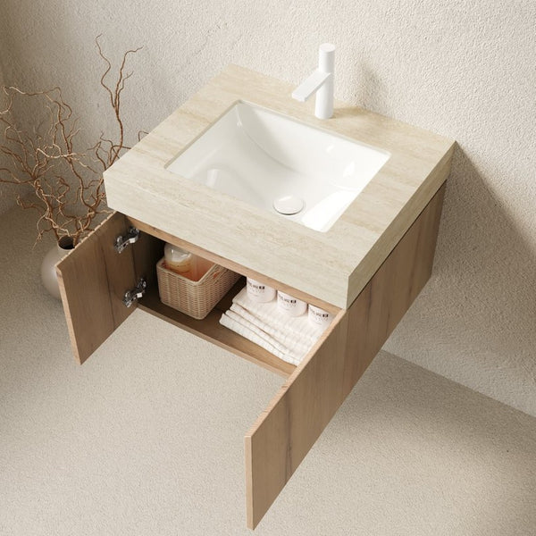 English Elm Muri Floating Bathroom Vanity Plywood Cabinet with Travertine Stone Top White Oak Grain W2615S00675