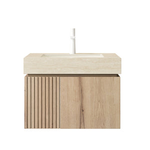 English Elm Muri Floating Bathroom Vanity Plywood Cabinet with Travertine Stone Top White Oak Grain W2615S00675