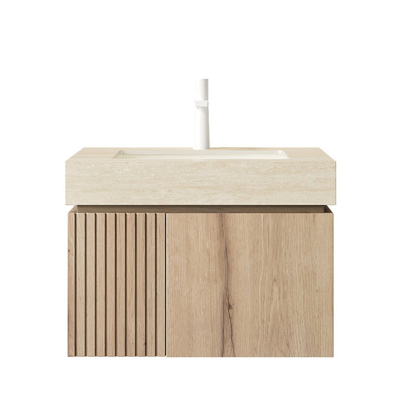 English Elm Muri Floating Bathroom Vanity Plywood Cabinet with Travertine Stone Top White Oak Grain W2615S00675