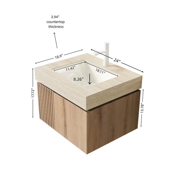 English Elm Muri Floating Bathroom Vanity Plywood Cabinet with Travertine Stone Top White Oak Grain W2615S00675