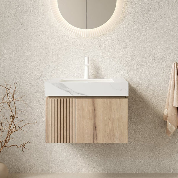 English Elm Muri Floating Bathroom Vanity Sintered Stone Top Oak Woodgrain Soft Close Cabinet W2615S00676