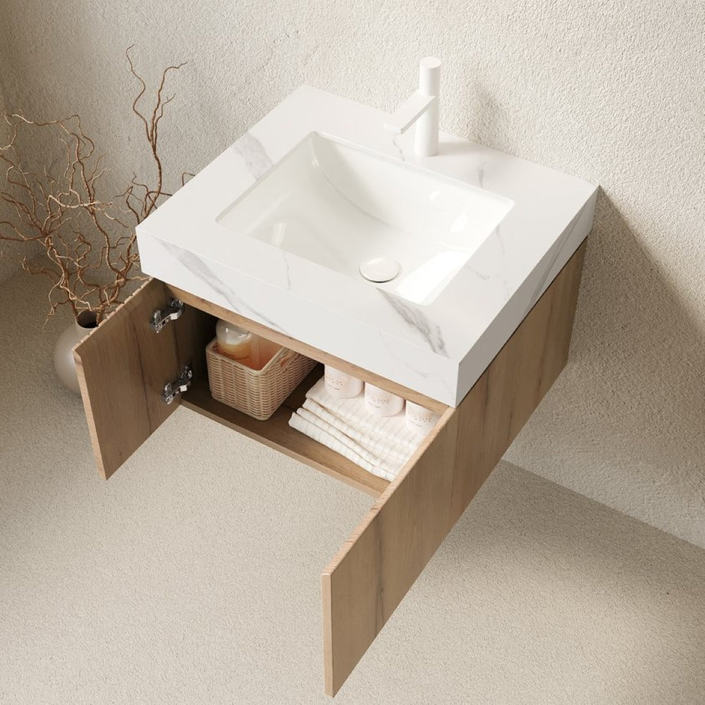 English Elm Muri Floating Bathroom Vanity Sintered Stone Top Oak Woodgrain Soft Close Cabinet W2615S00676