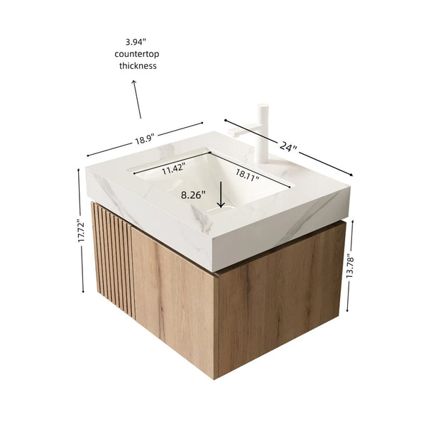 English Elm Muri Floating Bathroom Vanity Sintered Stone Top Oak Woodgrain Soft Close Cabinet W2615S00676