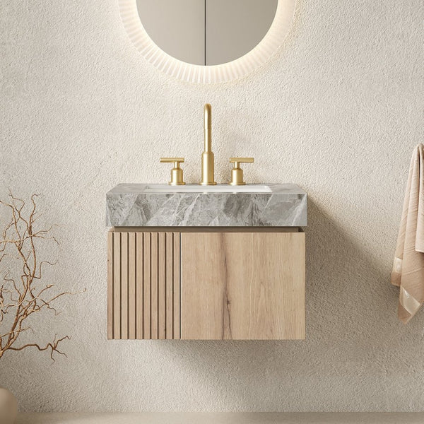 English Elm Muri Floating Bathroom Vanity with Sintered Stone Top and White Oak Plywood Cabinet W2615S00677