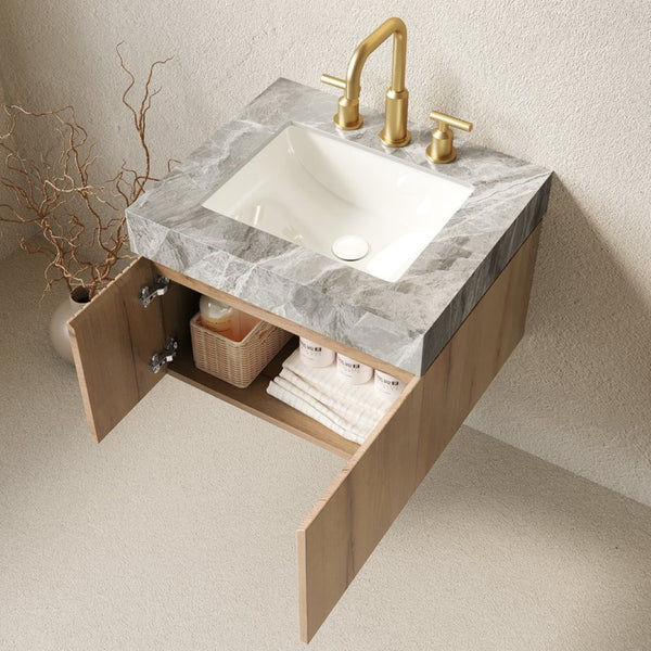 English Elm Muri Floating Bathroom Vanity with Sintered Stone Top and White Oak Plywood Cabinet W2615S00677