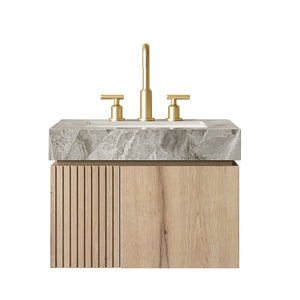 English Elm Muri Floating Bathroom Vanity with Sintered Stone Top and White Oak Plywood Cabinet W2615S00677