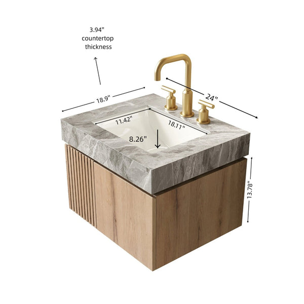 English Elm Muri Floating Bathroom Vanity with Sintered Stone Top and White Oak Plywood Cabinet W2615S00677
