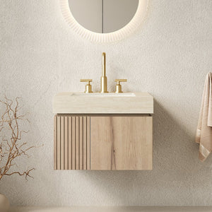 English Elm Muri Floating Bathroom Vanity Sintered Stone Top White Oak Plywood Two Door Cabinet W2615S00678