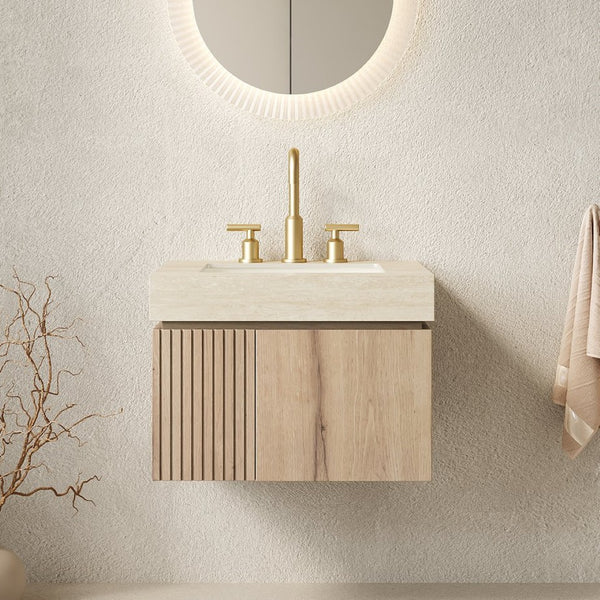 English Elm Muri Floating Bathroom Vanity Sintered Stone Top White Oak Plywood Two Door Cabinet W2615S00678