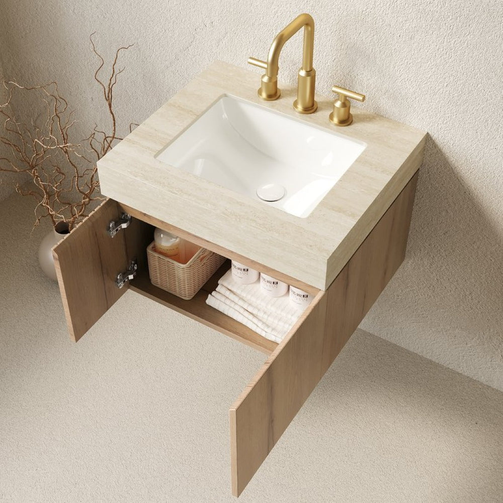 English Elm Muri Floating Bathroom Vanity Sintered Stone Top White Oak Plywood Two Door Cabinet W2615S00678