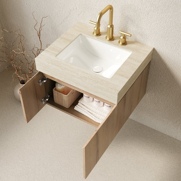 English Elm Muri Floating Bathroom Vanity Sintered Stone Top White Oak Plywood Two Door Cabinet W2615S00678