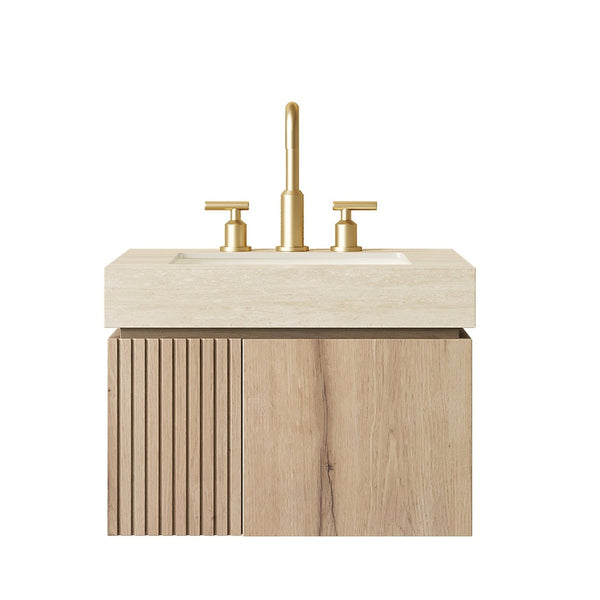 English Elm Muri Floating Bathroom Vanity Sintered Stone Top White Oak Plywood Two Door Cabinet W2615S00678