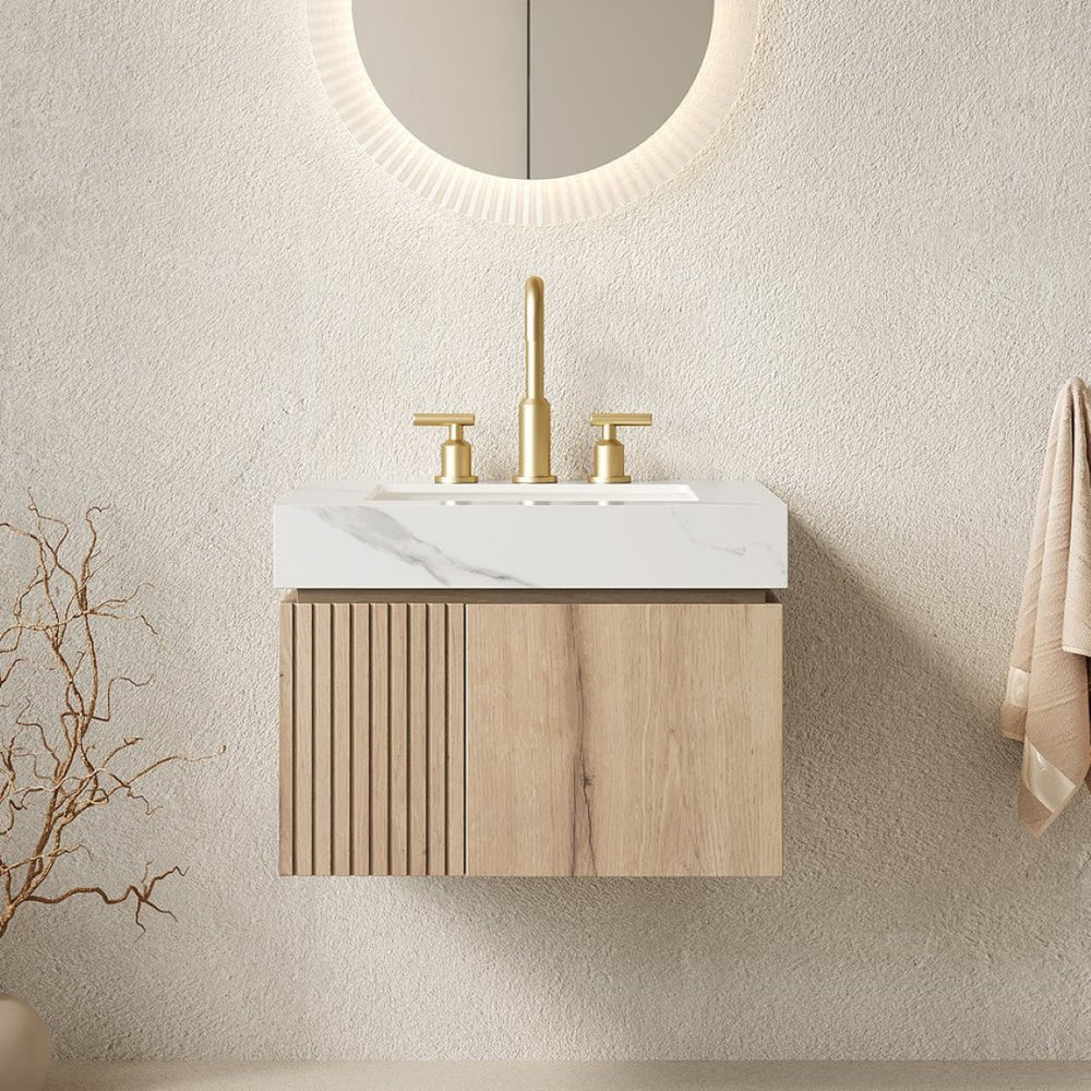 English Elm Muri Wall Mounted Bathroom Vanity Plywood Cabinet Carrara Stone Top Soft Close Doors W2615S00679