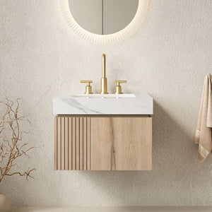 English Elm Muri Wall Mounted Bathroom Vanity Plywood Cabinet Carrara Stone Top Soft Close Doors W2615S00679