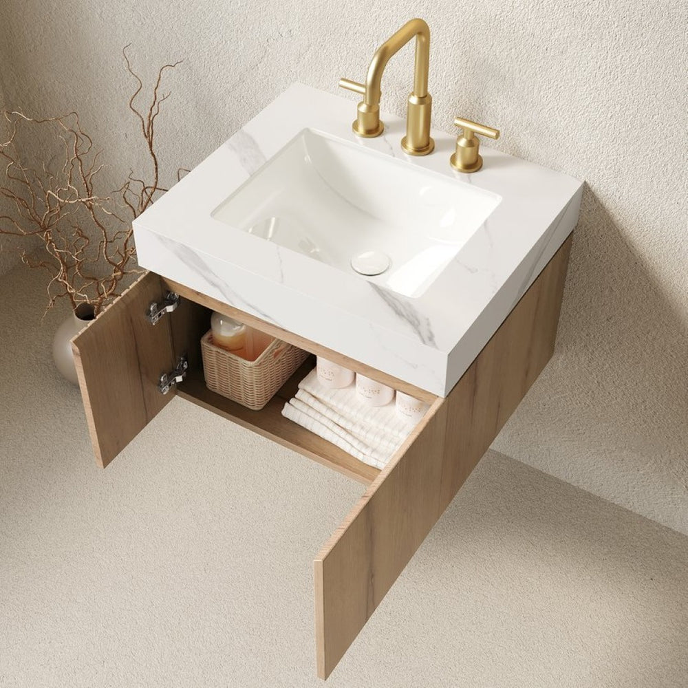 English Elm Muri Wall Mounted Bathroom Vanity Plywood Cabinet Carrara Stone Top Soft Close Doors W2615S00679