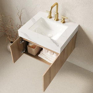 English Elm Muri Wall Mounted Bathroom Vanity Plywood Cabinet Carrara Stone Top Soft Close Doors W2615S00679