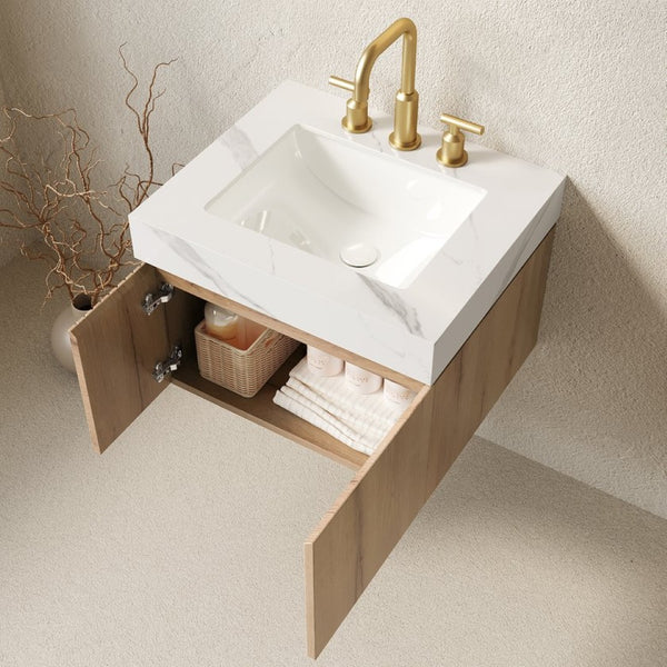 English Elm Muri Wall Mounted Bathroom Vanity Plywood Cabinet Carrara Stone Top Soft Close Doors W2615S00679