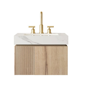 English Elm Muri Wall Mounted Bathroom Vanity Plywood Cabinet Carrara Stone Top Soft Close Doors W2615S00679