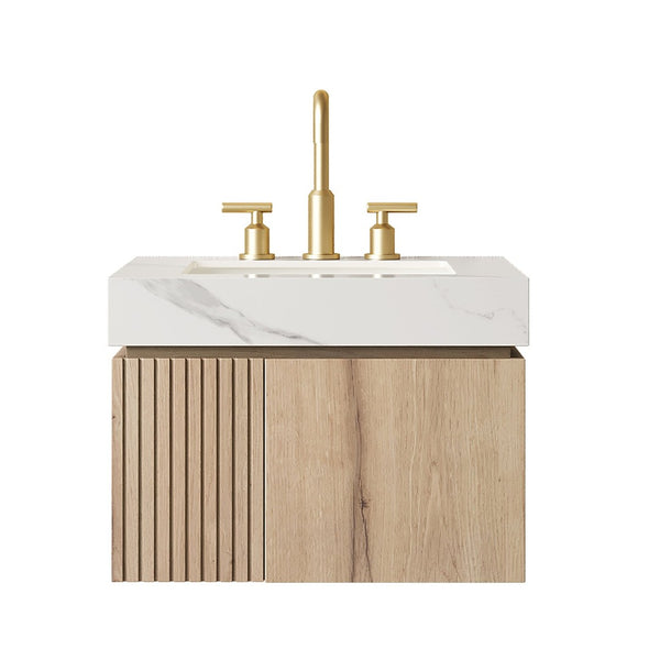 English Elm Muri Wall Mounted Bathroom Vanity Plywood Cabinet Carrara Stone Top Soft Close Doors W2615S00679