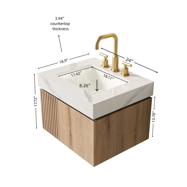 English Elm Muri Wall Mounted Bathroom Vanity Plywood Cabinet Carrara Stone Top Soft Close Doors W2615S00679