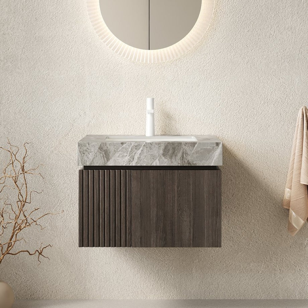 English Elm Muri Floating Bathroom Vanity Plywood Cabinet Sintered Stone Top Espresso Woodgrain W2615S00680