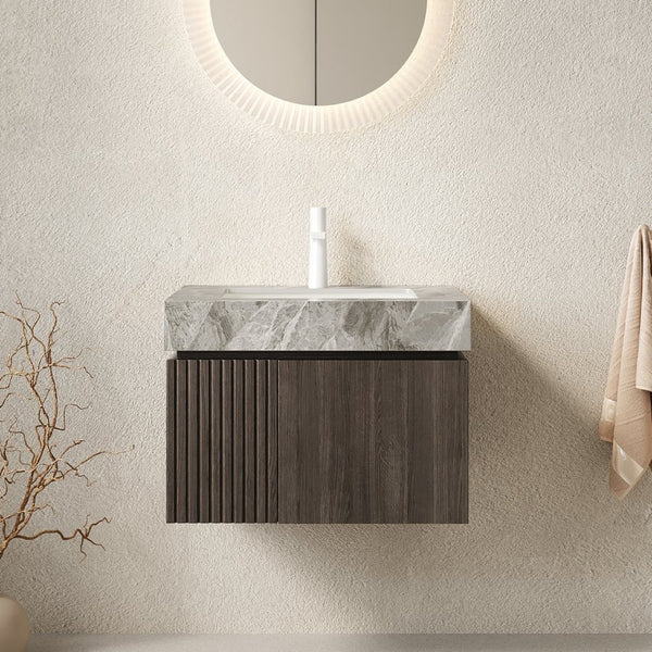 English Elm Muri Floating Bathroom Vanity Plywood Cabinet Sintered Stone Top Espresso Woodgrain W2615S00680