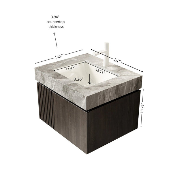 English Elm Muri Floating Bathroom Vanity Plywood Cabinet Sintered Stone Top Espresso Woodgrain W2615S00680