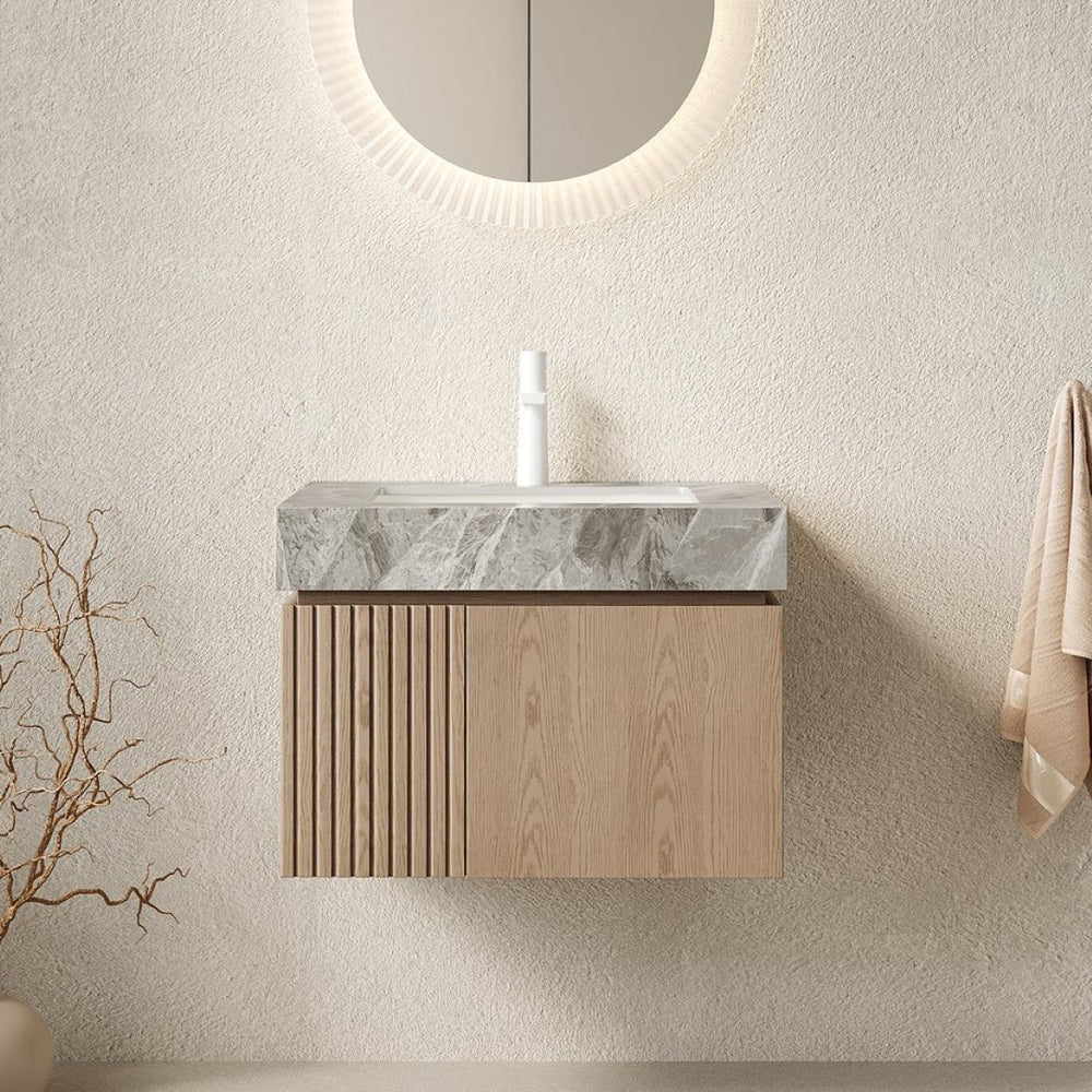 English Elm Muri Floating Bathroom Vanity Plywood Cabinet Woodgrain Doors Sintered Stone Top W2615S00686
