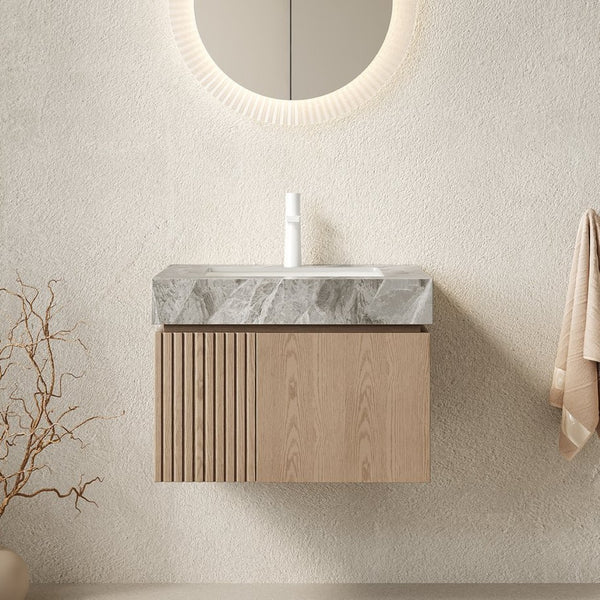 English Elm Muri Floating Bathroom Vanity Plywood Cabinet Woodgrain Doors Sintered Stone Top W2615S00686