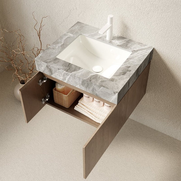 English Elm Muri Floating Bathroom Vanity Plywood Cabinet Woodgrain Doors Sintered Stone Top W2615S00686
