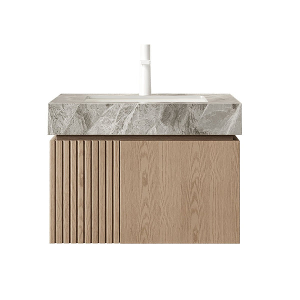 English Elm Muri Floating Bathroom Vanity Plywood Cabinet Woodgrain Doors Sintered Stone Top W2615S00686
