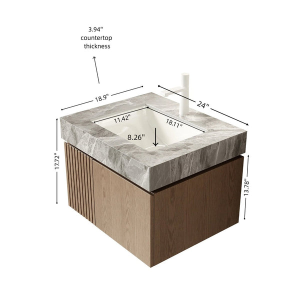 English Elm Muri Floating Bathroom Vanity Plywood Cabinet Woodgrain Doors Sintered Stone Top W2615S00686