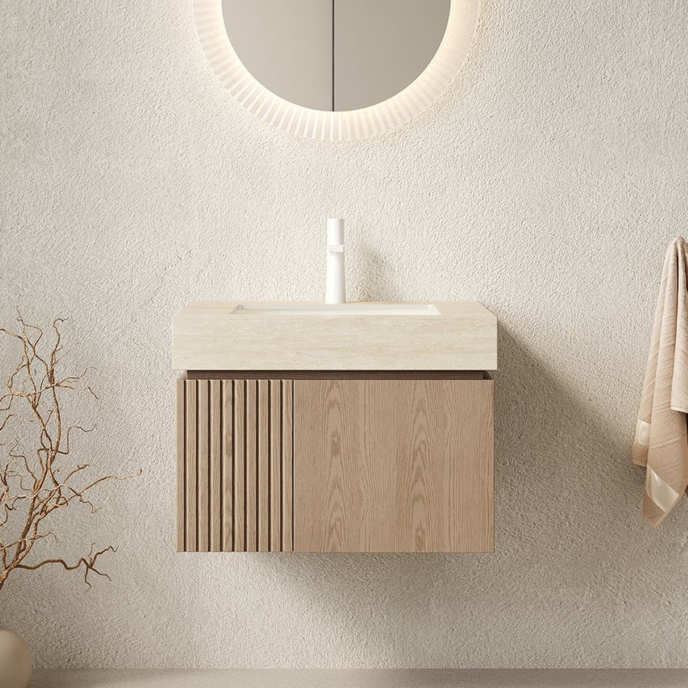 English Elm Muri Floating Bathroom Vanity with Sintered Stone Top and Woodgrain Plywood Cabinet W2615S00687