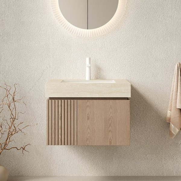 English Elm Muri Floating Bathroom Vanity with Sintered Stone Top and Woodgrain Plywood Cabinet W2615S00687