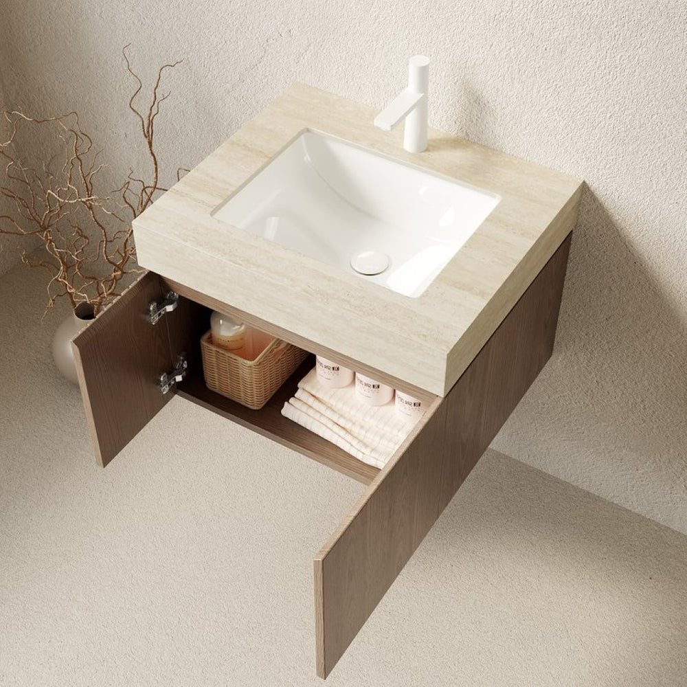 English Elm Muri Floating Bathroom Vanity with Sintered Stone Top and Woodgrain Plywood Cabinet W2615S00687