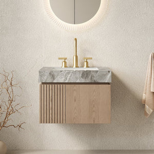 English Elm Muri Floating Bathroom Vanity Plywood Cabinet Sintered Stone Top Woodgrain Finish W2615S00689