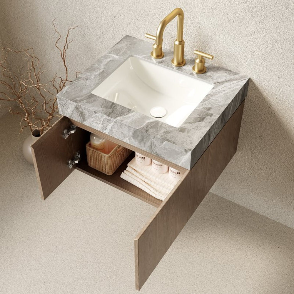 English Elm Muri Floating Bathroom Vanity Plywood Cabinet Sintered Stone Top Woodgrain Finish W2615S00689